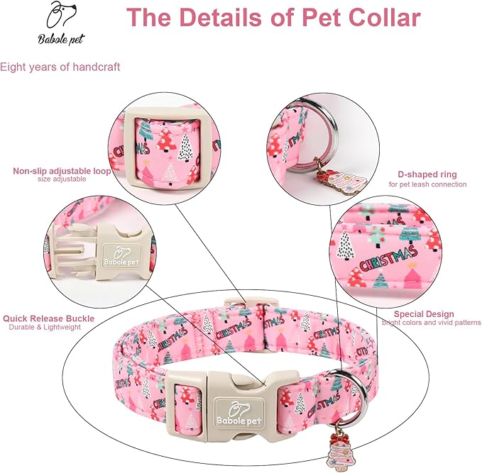 Christmas Dog Collar for Giant Large Dogs - Cute Xmas Tree Print Pink Christmas Collars for Dogs, Soft Adjustable Winter Holiday Dog Collars with Quick Release Buckle XL