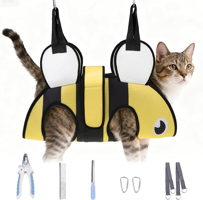 Dog Grooming Hammock for Small Dogs Cats, Cute Bee Design Dog Hanging Harness for Nail Trimming/Clipping, Pet Sling with Grooming Kit and Thick Neck Support & Strap Restraint Claw Care, XS