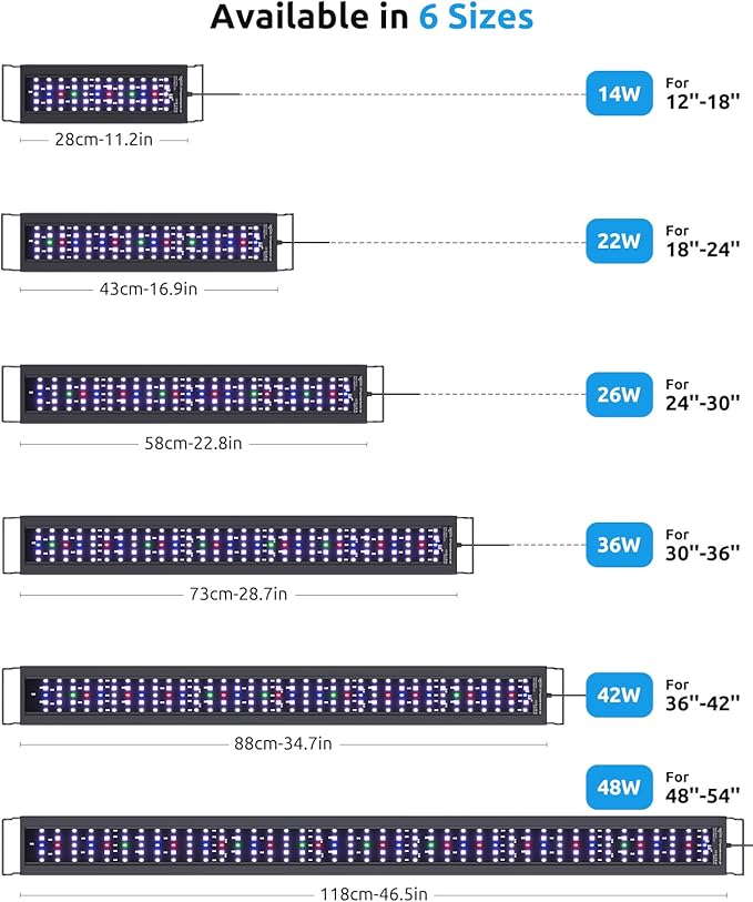 SEAOURA Aquarium Plant Growth Light, 30-36in Full Spectrum LED Fish Lights with Temperature Monitor, 24/7 Programmable with Power Off Memory, WRGB Custom, 20 Dimmable for Freshwater Aquariums