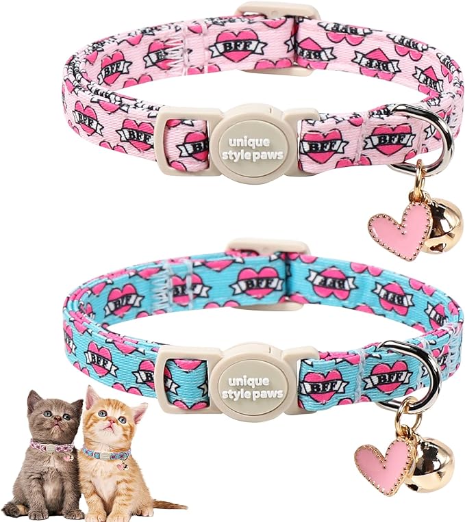 Unique Style Paws Pink Kitten Collars,Cute Valentine Cats Collar with Bell,Kitten Collar Breakaway Buckle with Heart Pattern,Adjustable Valentine Cat Collars,Ideal Gift for Boy Girl Cats
