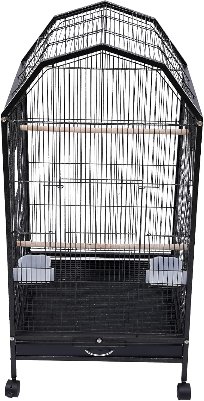Black Wrought Bird Cage with Open-Top and Rolling Stands, 40-Inch Iron Large Bird Cage, 5 Doors Pet Birds Flight Birdcages for Mid-Sized and Small-Sized Birds