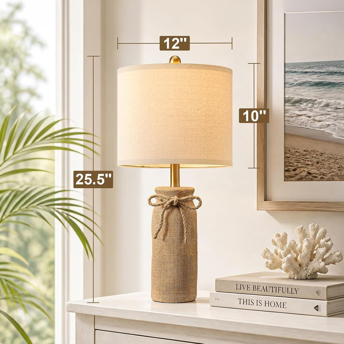 BOBOMOMO Boho Table Lamps for Living Room Set of 2, 25.5" Coastal Farmhouse Bedside Table Lamps for Nightstands, Resin Woven Rattan-Look Lamps for Bedroom, Entry Way, Rustic Home Decor
