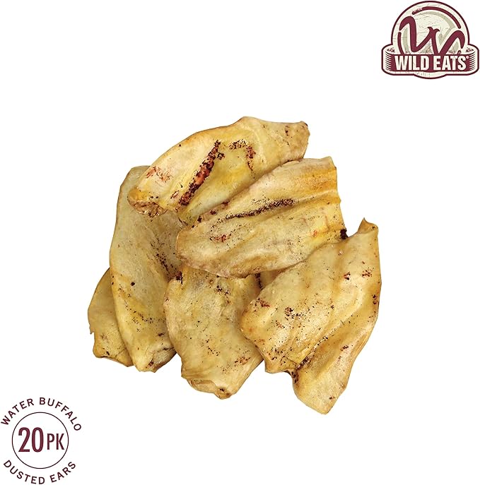 Wild Eats Water Buffalo All Natural Dusted Ear Dog Chews, Single Ingredient Treat - 20 Count (Grain Free Treats - Great Alternative to Pig Ears, Cow Ears, Bones & Rawhides for Dogs)