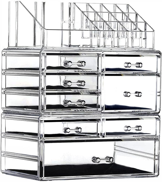 Cq acrylic 3 Pack Clear Makeup Organizer Countertop,Stackable 8 Drawers Skincare Organizer,Cute Skin Care Organizer for Vanity Hair Clip,Jewelry,Beauty Product Desk and Make Up Organizers for Vanity