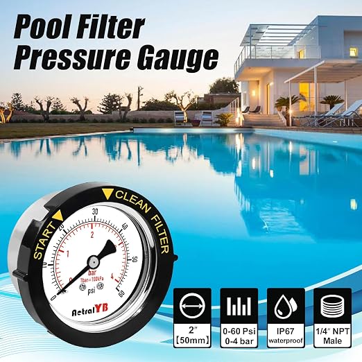 60PSI Pool Filter Pressure Gauge, 2 inches Dial, 1/4" NPT Back Mount,