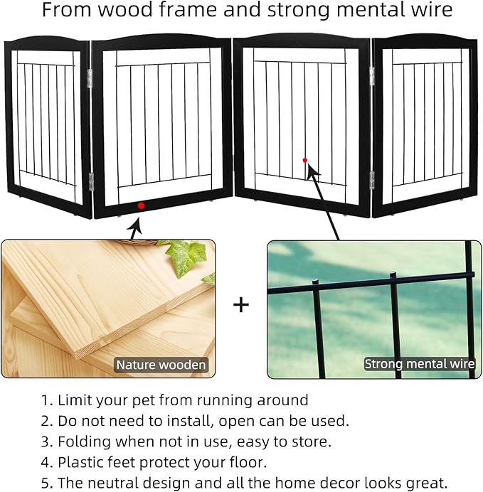 ZJSF Freestanding Foldable Dog Gate for House Extra Wide Wooden Black Indoor Puppy Gate Stairs Dog Gates Doorways Tall Pet Gate 4 Panels Fence