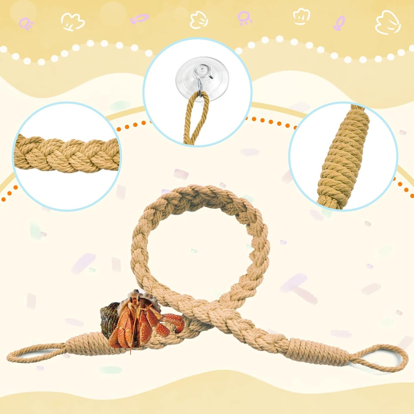 2PCS Hermit Crab Climbing Toys,Hermit Crab Rope Ladder Decor Reptile Hanging Vines Toys Hermit Crab Supplies Reptiles Habitat Tank Terrarium Accessories for Lizard Leopard Gecko Tree Frog(Flaxen)