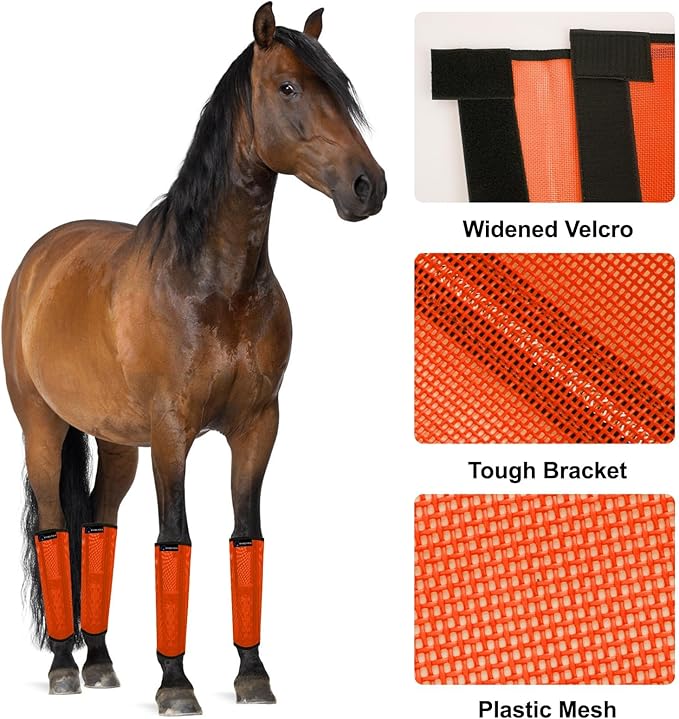 FOXLVDA Horse Fly Boots - Fly Boots for Horses Set of 4, Comfortable Horse Leggings, Mesh Material Design with Metal Support Bars for Reduces Stomping & Leg Fatigue (Orange, Large)
