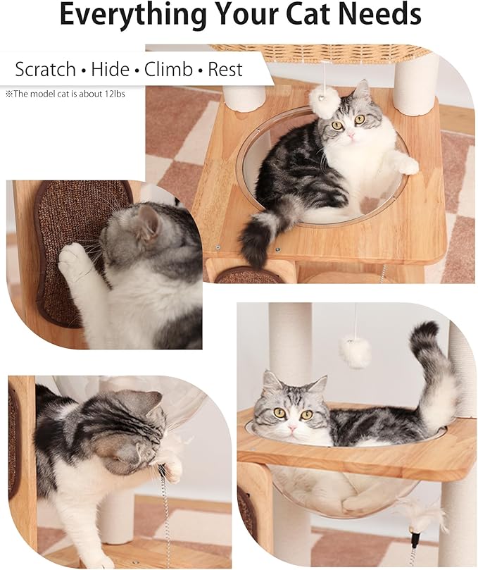 Wood Cat Tree for Large Cats, Modern Cat Tree Tower with Wide Shelves Cotton Scratching Posts, Super Sturdy Base, Cozy Perches, and Interactive Toys for Indoor Kittens 31-Inch