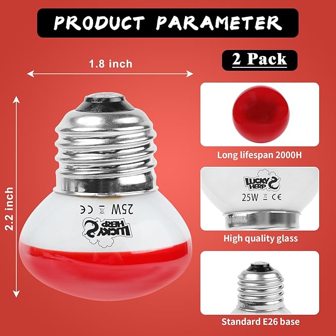 LUCKY HERP Infrared Heat Lamp, 25W Reptile Heat Lamp 2 Pack Red Heat Lamp Bulbs, Infrared Basking Spot Heat Light Bulb, Amphibians Heat Lamp Bulbs for Reptile, Geckos, Snakes, Lizard, Turtle