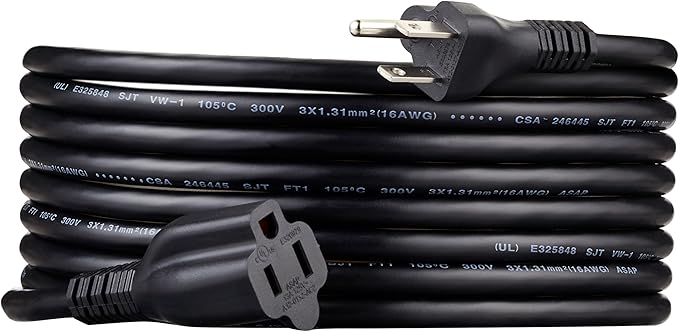 Amazon Basics Extension Cord, 15 Ft, 3 Prong Outlet Extender, Indoor Extension Cord, 13 Amps, 125V, Black