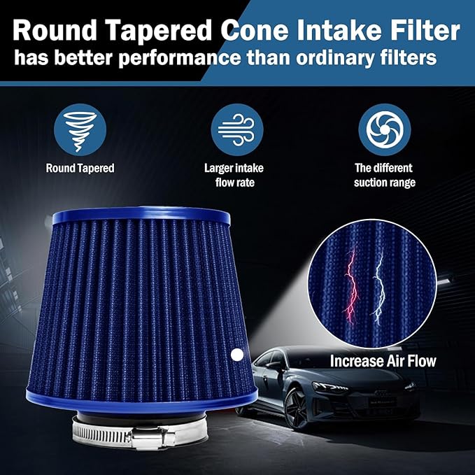 Universal Clamp-On Air Intake Filter, High Performance, Washable Filter