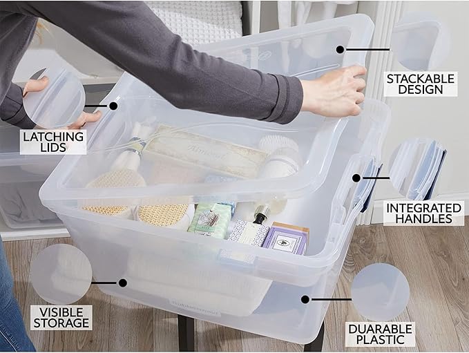 Rubbermaid Cleverstore 74 Qt Clear Storage Bins with Lids and Nesting Tray, 4-Pack, Stackable, BPA-Free, Made in USA