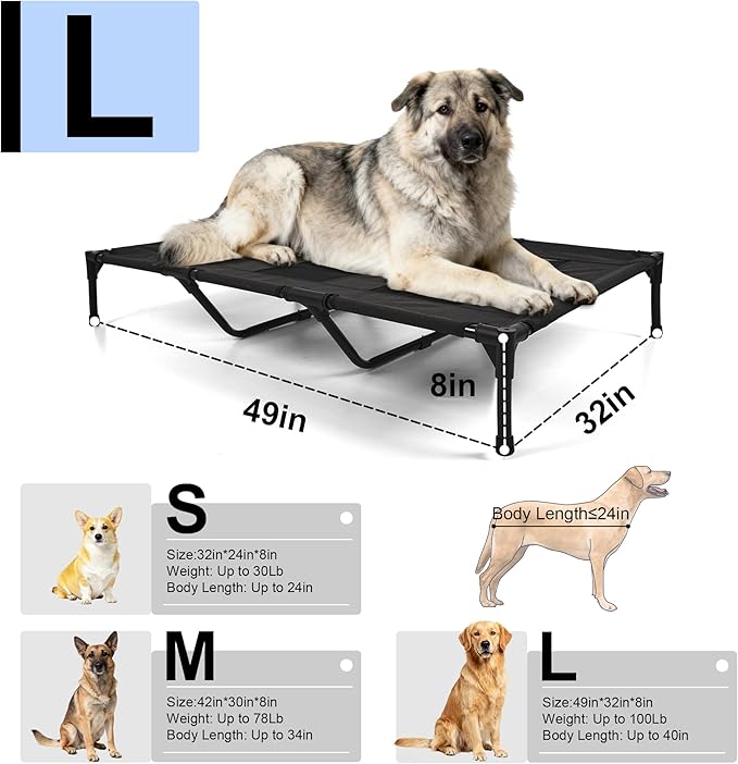 Raised Dog Bed Cooling Cot for Indoor Outdoor Use Portable Waterproof Mesh Pet Bed Washable for Large Medium Small Dogs, Black