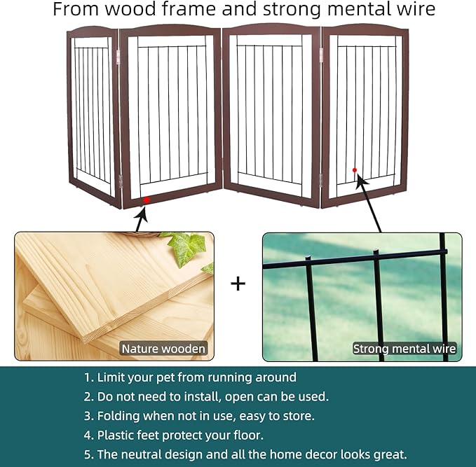 ZJSF Freestanding Foldable Dog Gate for House Extra Wide Wooden Brown Puppy Gate Stairs Dog Gates Doorways Tall Pet Gate 32 "Height 4 Panels Pet Fence