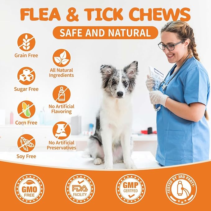 Flea and Tick Prevention for Dogs Chewables - Natural Dog Flea and Tick Treatment Chewable - Oral Flea Supplement for Dogs - Puppy Flea Support - All Breeds & Ages - 180 Soft Chews