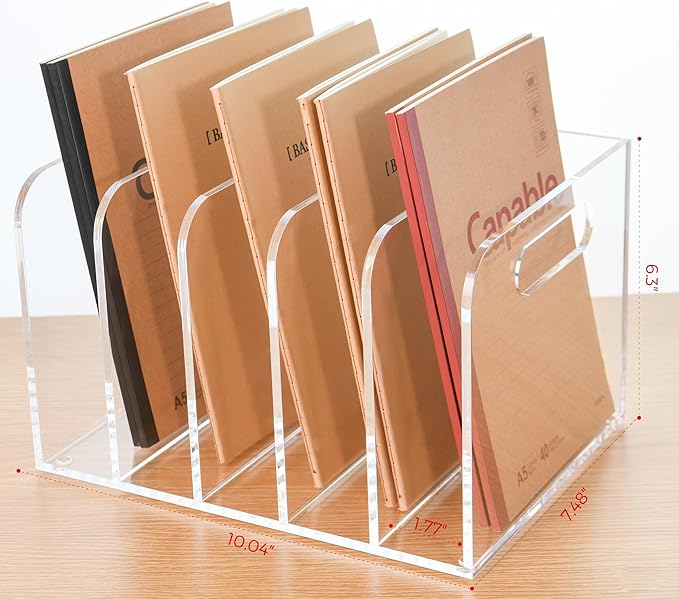 Clear Acrylic Organizers - 5 Vertical Compartments Acrylic Folder Organizer & File Organizer, Desk Document Storage Bins for Magazines, Binders - Multipurpose Home Office Desk Organizer