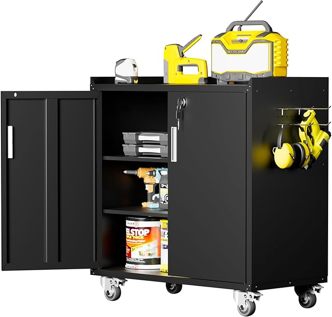 Metal Storage Cabinet with Wheels - Lockable, Rolling Tool Cabinet for Home, Office, Garage & Workshop - Black