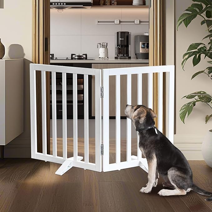 ZJSF Freestanding Indoor Dog Gate for House Foldable Wood White Puppy Gate for Doorways Pet Gate for Stairs Extra Wide Pet Fence 24" Height 2 Panels
