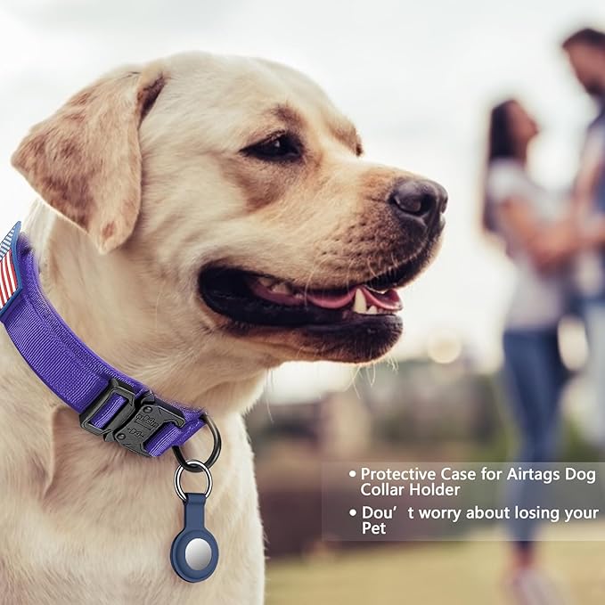 DAGANXI Tactical Dog Collar, Adjustable Military Training Nylon Dog Collar with Control Handle and Heavy Metal Buckle for Medium and Large Dogs, with Patches and Airtags Case (Purple-Set, L)