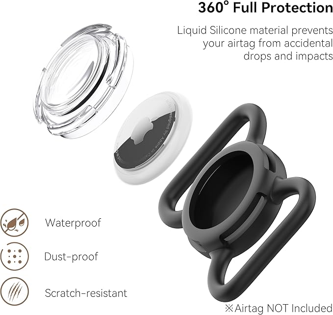 Waterproof Airtag Dog Collar Holder, Silicone & ABS Airtag Holder for Dog & Cat Collars, Ultra-Durable, Lightweight and Protective Airtag Case (Black & Black, Large)