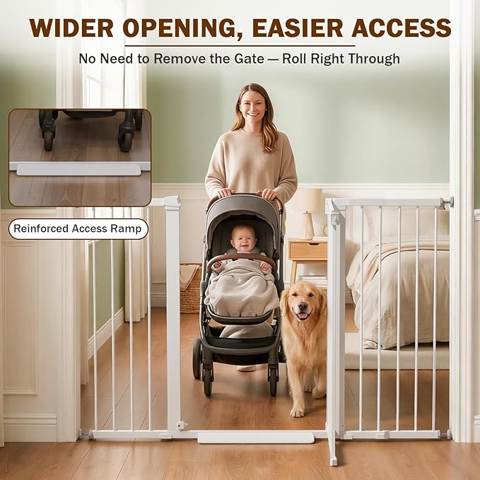 Mumeasy 36" Extra Tall Baby Gate for Doorways, 29.7"-57" Extra Wide Dog Gate for Stairs, Pressure Mounted Auto Close Pet Safety Gate with Easy Walk Thru Door, Large Indoor Child Gate for House, White