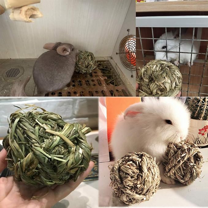 Rabbit Chew Ball Timothy Grass Grinding Small Animal Activity Play Chew Toys for Bunny Rabbits Hamster Guinea Pigs Gerbils (5 PCS)