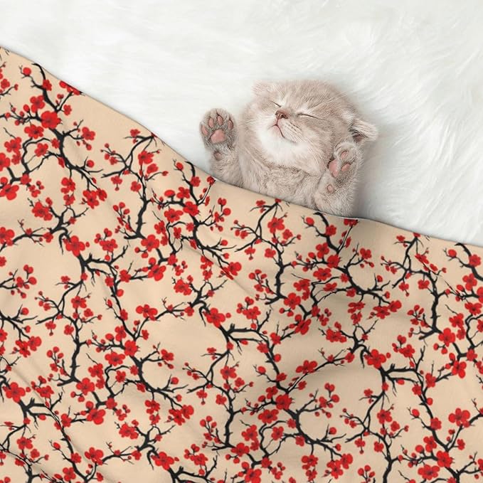 Double Sided Pet Throw for Dogs Who Shed, Blossom Japanese Cherry, Reversible Blanket with Nubby Dot Side Catches Loose Fur for Easier Furniture Cleanup