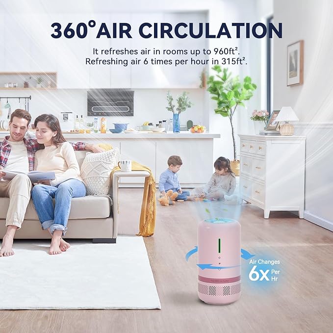 Air Purifiers for Home,HEPA Air Purifier for Room up to 960ft²,Air Purifiers for Odor,Dust,Quiet Air Cleaner for Office,Living Room,Bedroom,Type-C Charging,Included Adapter,Pink 2 Pack