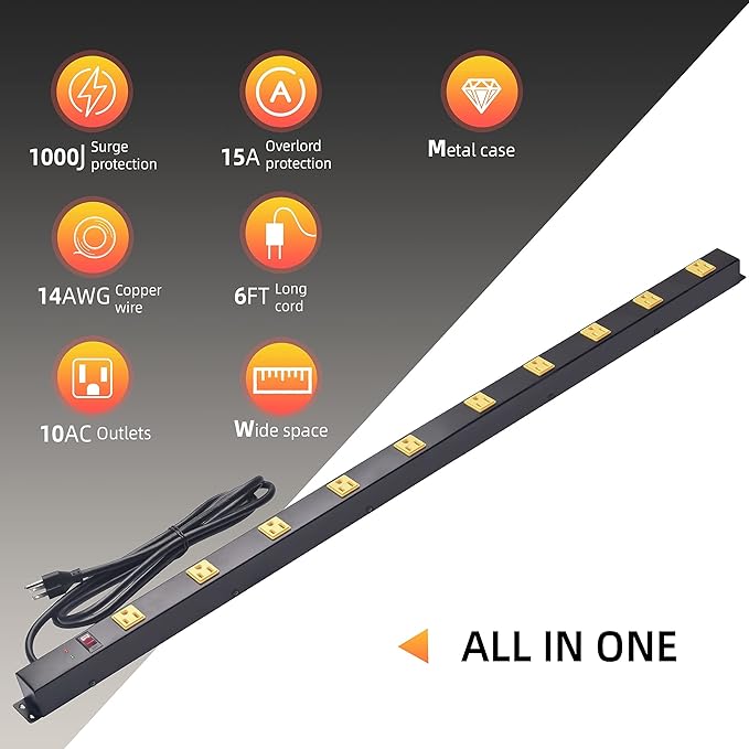 10 Outlet Long Power Strip Surge Protector, Heavy Duty Industrial Metal Power Strip 6 Feet, Wall Mountable, for Work Bench, Shop, Garage, Black (1000 Joules)