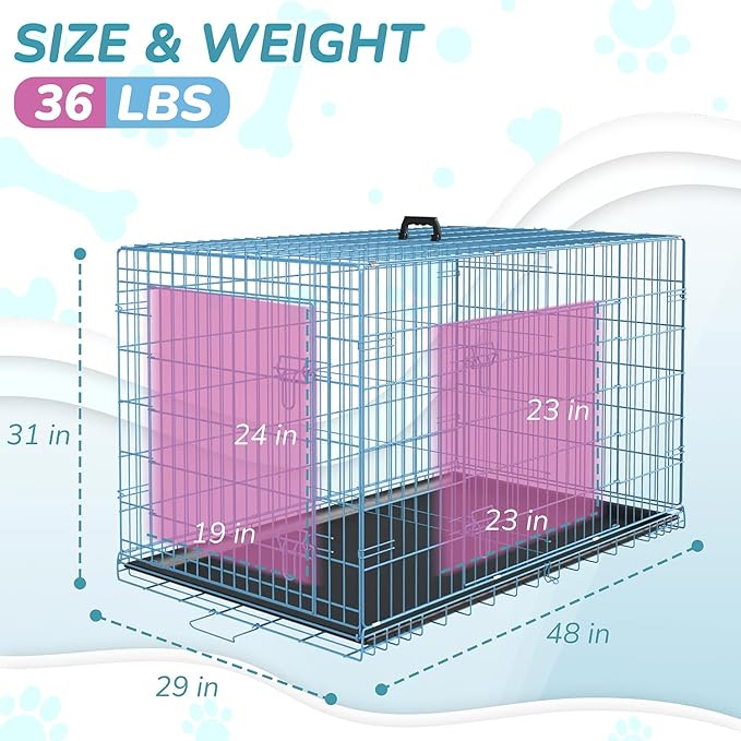 48 Inch Heavy Duty Dog Crate Double Door Folding Metal Dog Cage Dog Crates for Large Dogs Outdoor Indoor Includes Divider Panel and Leak-Proof Tray,Blue