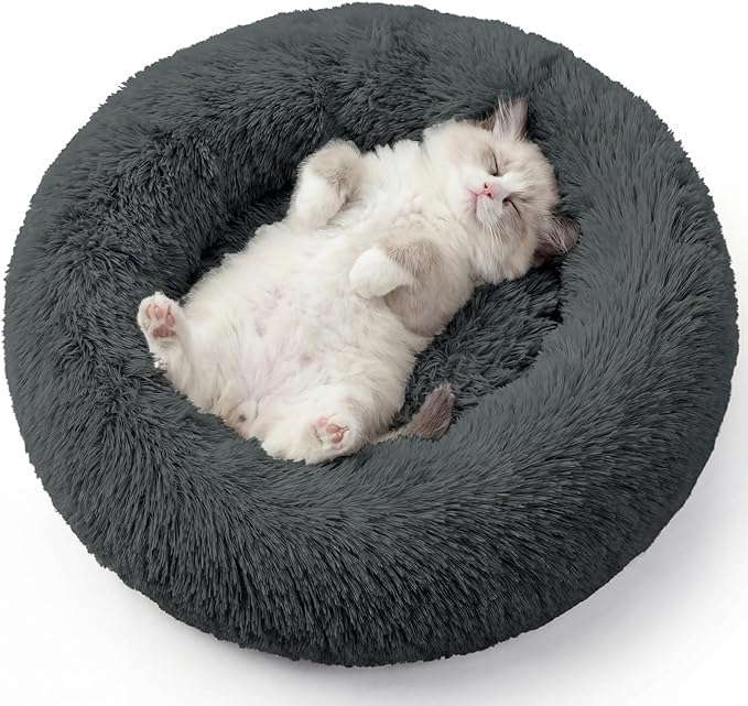 Calming Dog Bed, 24" x 24" x 6" Fits Cat & Dog, Anti-Slip Round Washable Faux Fur for Doze Off, Napping Orthopedic, Dark Grey