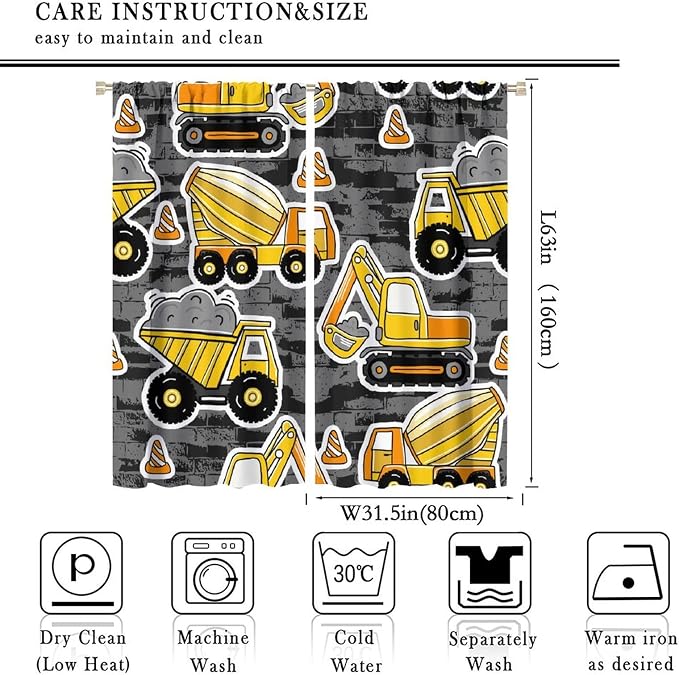 Kids Construction Excavator Window Curtains