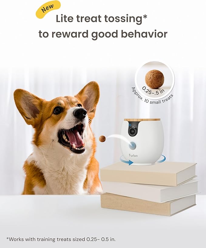 Furbo Mini 360° 2K QHD Pet Camera + Power Adapter: Dog & Cat Rotating Treat Dispenser w/Phone App, Smart Cam w/2-Way Speaker & Night Vision. No Subscription Needed. Standard See, Talk, & Toss Features