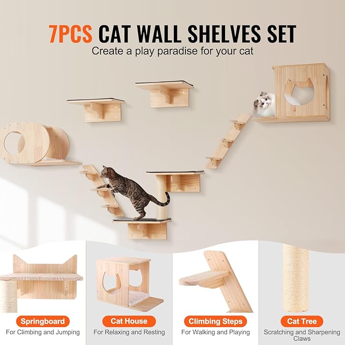 VEVOR Wall Mounted Cat Shelves and Perches with Jumping Boards, Cat Beds, Hammocks & Tree, Up to 40 lbs for Sleeping, Playing, Climbing - Set of 7