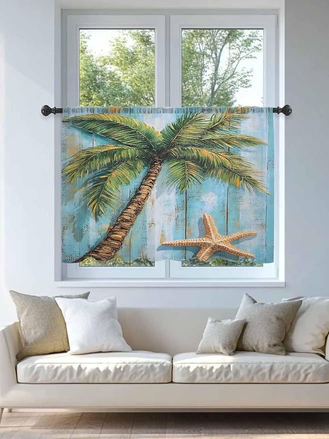 Sheer Curtains 54 Inch Length, Coastal Beach Tree Semi Sheer Curtains Light