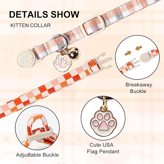 Unique Style Paws Orange Cat Collar,Cute Cat Collars with Checkboard Pattern,Orange Kitten Collar with Breakaway Buckle,Ideal Gift for Boy Girl Cats