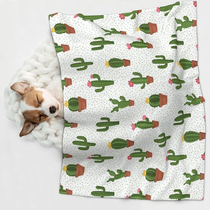 Reversible Pet Blanket for Sofa Protection Pet Comfort, Cactus Floral Bloom Flower Summer Tropical Watercolor, Double Sided Design with Cozy Nubby Nap Side and Durable Smooth Play Side