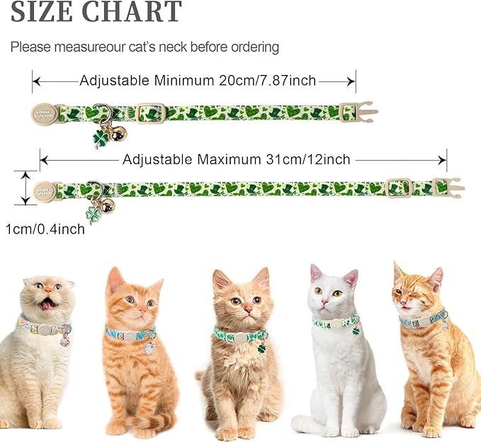 Unique style paws 2 Pack St. Patrick's Day Kitten Collar Breakaway with Bell&Pendant, Adjustable Safety Green Clover Magic Hat Cat Cotton Collar for Girl Boy Cat and Small Pet