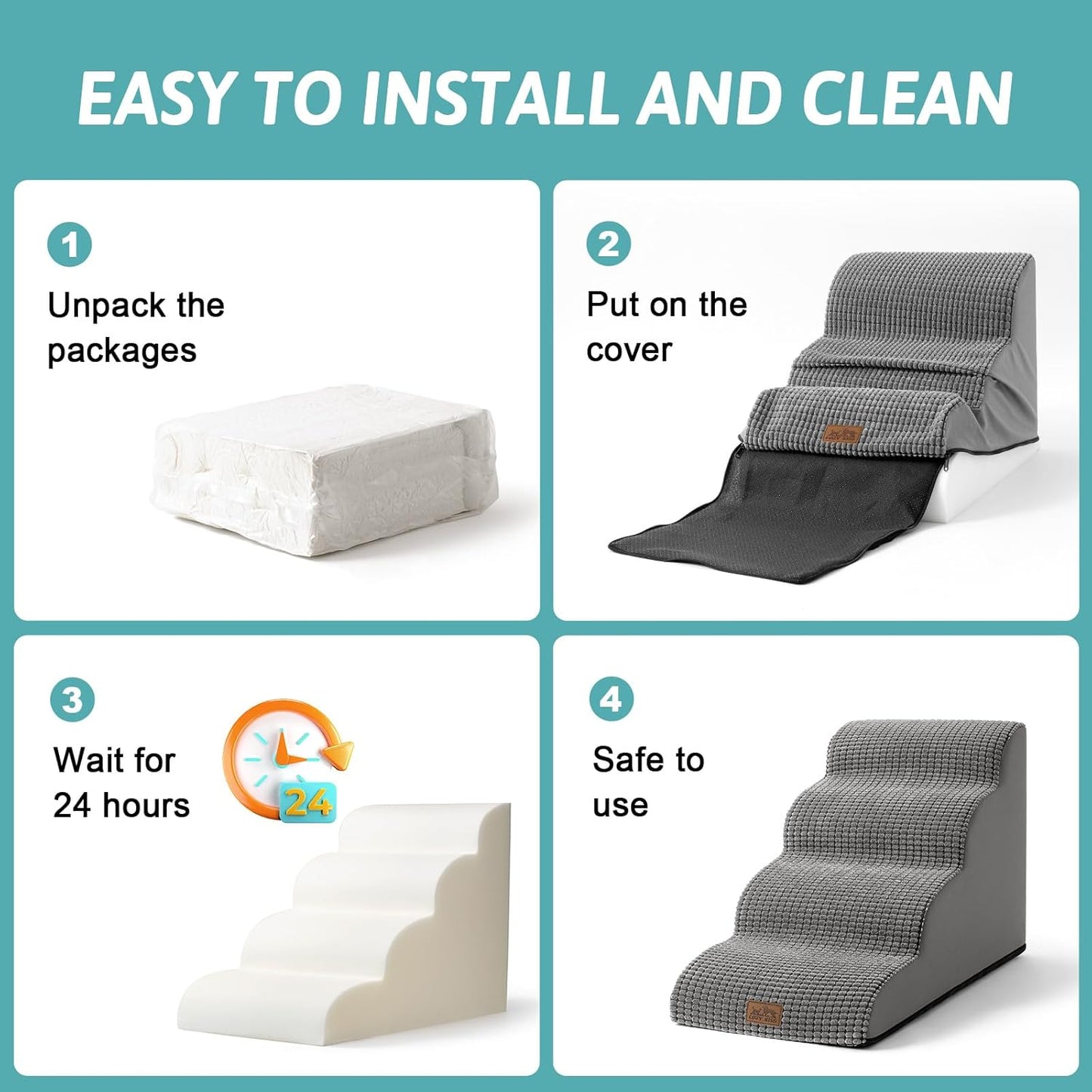 Dog Stairs for Small Dogs 15.7" H, Curved Dog Step for Puppy, Older Cat, Medium Pet Ramp for Sofa, Couch or Chair, Ladder with High Density Foam, 15.7x22.4x15.7 inch, 3 Step, Light Grey