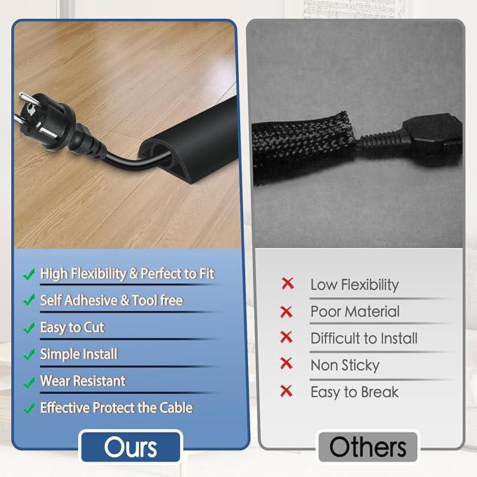 Floor Cord Cover for Wires on Floor Self Adhesive Cord Hider Floor Cable Management Wire Covers for Cords Protector Prevent Cable Trips Cord Cavity W 0.32" x H 0.32", Black, 3.3Ft