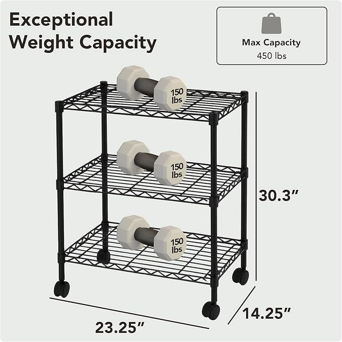 3 Tier Wire Shelving Unit Storage Rack, Metal Heavy Duty Utility Organizers, Organization Units for Metal Shelves, Pantry, Garage, Laundry Racks Durable Shelf Stand, 14"W x 24"L x 30"H, Black