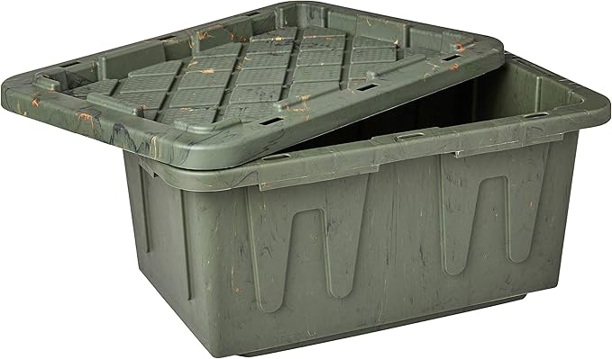 HOMZ 2-Pack Durabilt Tote, Heavy Duty Plastic Storage Bins with Lids, 15 Gallon, Green Camo - Stackable Organizing Containers for Home, Garage, and Office