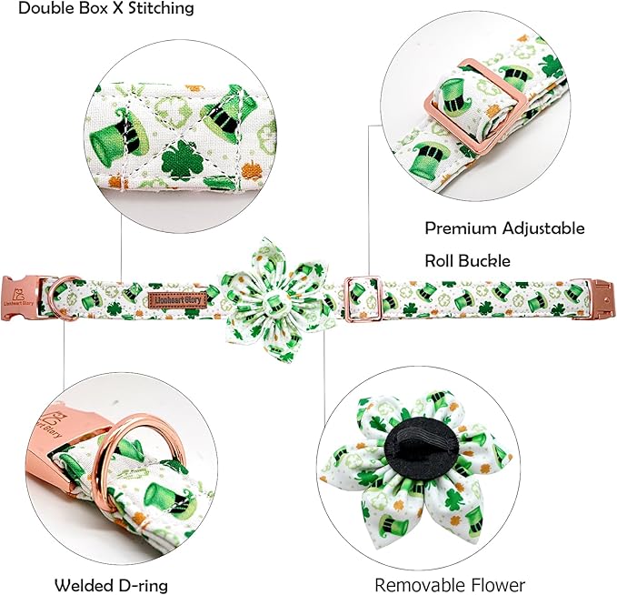 Lionheart glory St. Patrick's Day Dog Collar with Flower Dogs Collar,Soft Green Lucky Clover Shamrock Dog Collars Flower for Medium Dogs Puppy Soft Collars Bows Heavy Duty