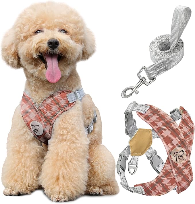 Pawaboo Small Dog Harness and Leash Set, Puppy Harness X-Frame No Pull No Choke, Dog Vest Harness Adjustable for Small Medium Sized Dogs,Soft Breathable Pet Harness for Walking Outing, M, Khaki Plaid