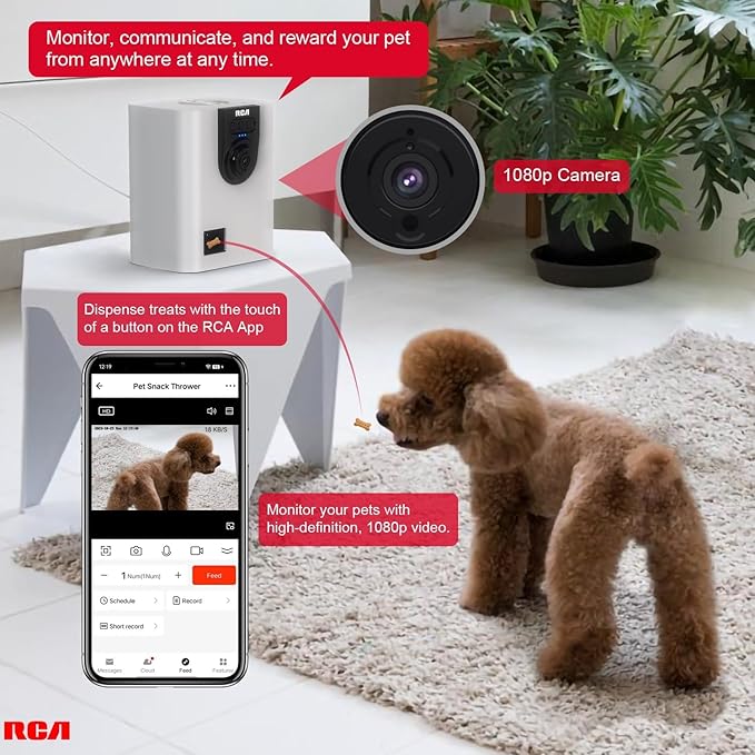 RCA Dog & Cat Smart Camera Treat Dispenser, WiFi-Enabled, 1080p HD Camera, Two-Way Audio, App Control, Compatible with Alexa & Google Assistant – for Small Treats & Kibble