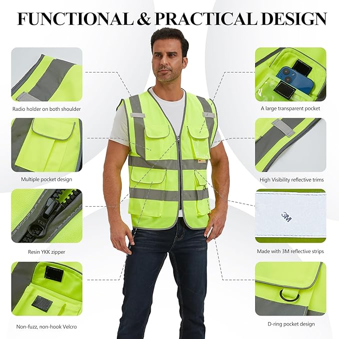 SIFE Reflective Safety Vest High Visibility Vest With 7 Pockets And YKK Zipper, ANSI/ISEA Class 2 Standard, Made With 3M Reflective Tape(03YG-Yellow Mesh,M)