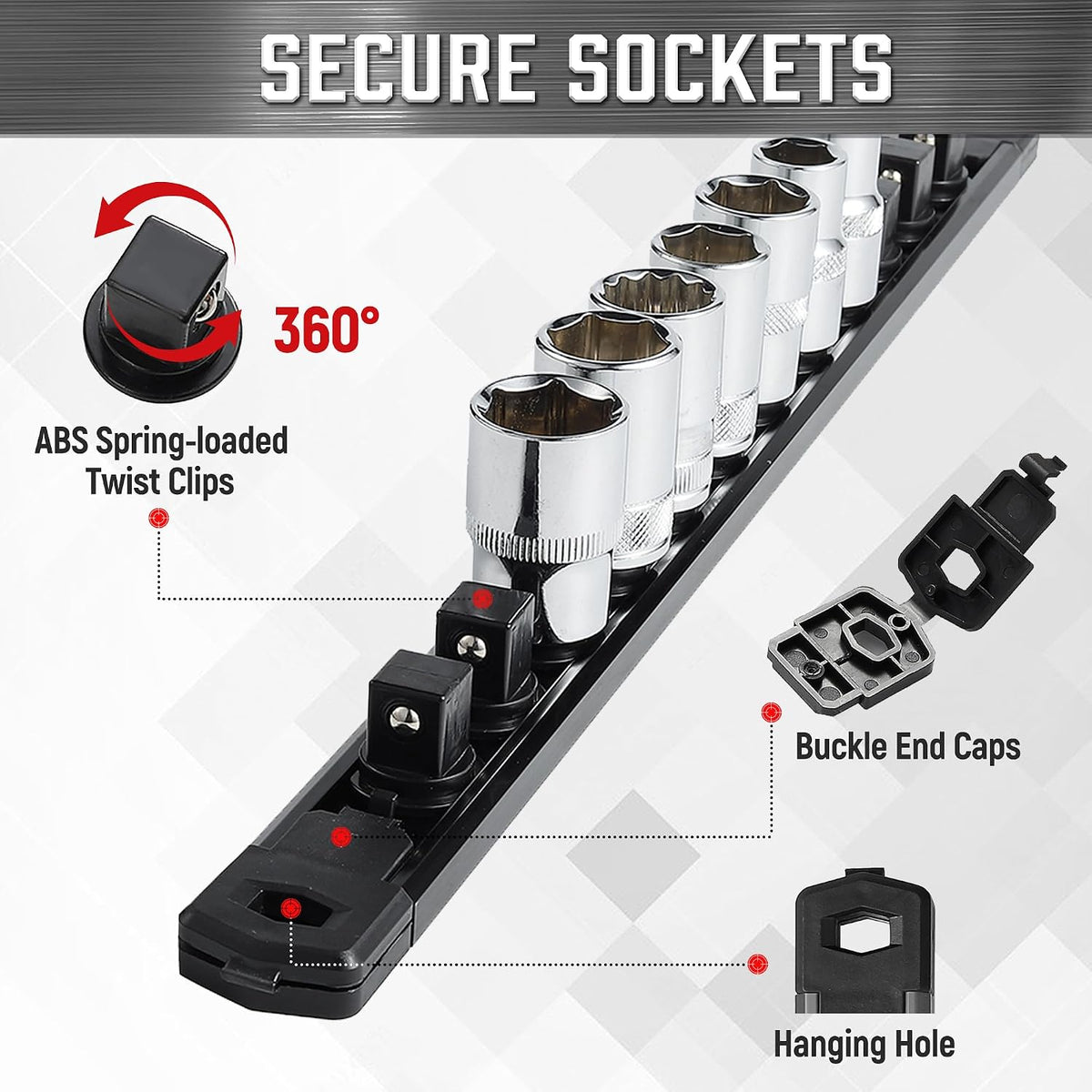 ALOANES Magnetic Socket Organizer, 1/2" Rail 36 Clips (Black, 3PC)