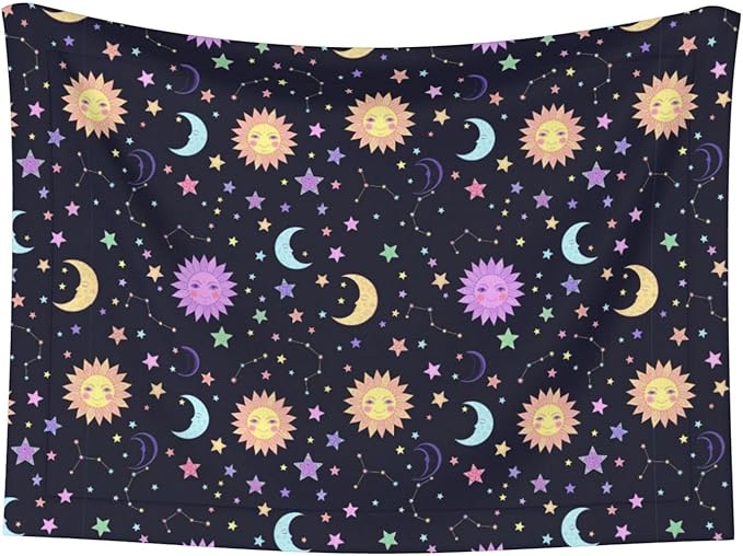 Two Sided Plush Pet Blanket for Warmth Comfort, Trippy Sun Moon Stars, Reversible Throw with Cozy Nubby Side for Chilly Nights Napping Spots Around House