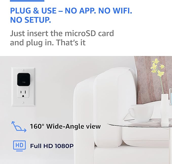 ALPHA TECH Indoor Camera with 160° Wide Angle, Plug in Offline Camera, No WiFi or App, Local SD Storage for Home Use